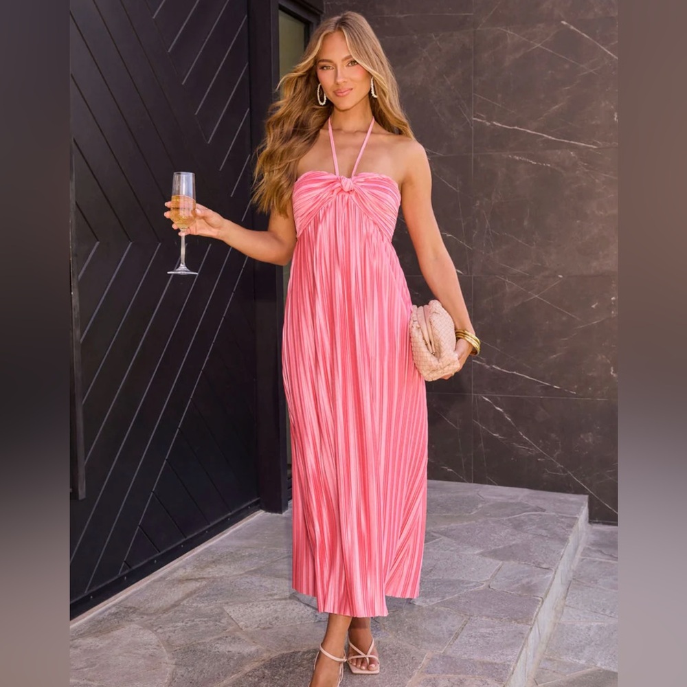 VICI “Raise A Toast” Pink Halter Maxi Dress, Wedding Guest Dress